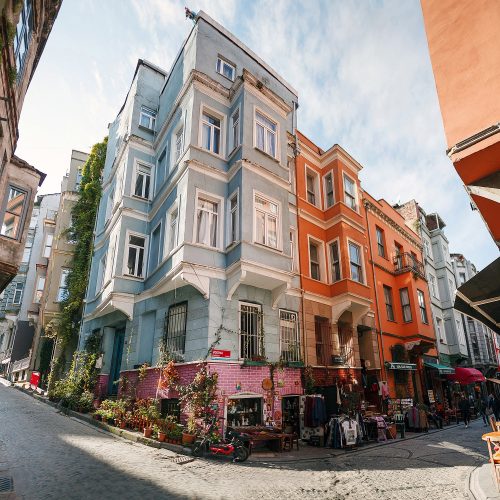 TURKEY Istanbul, November 2021: Traditional colorful street and houses in Fener district in Balata district. Balat is a popular attraction in Istanbul